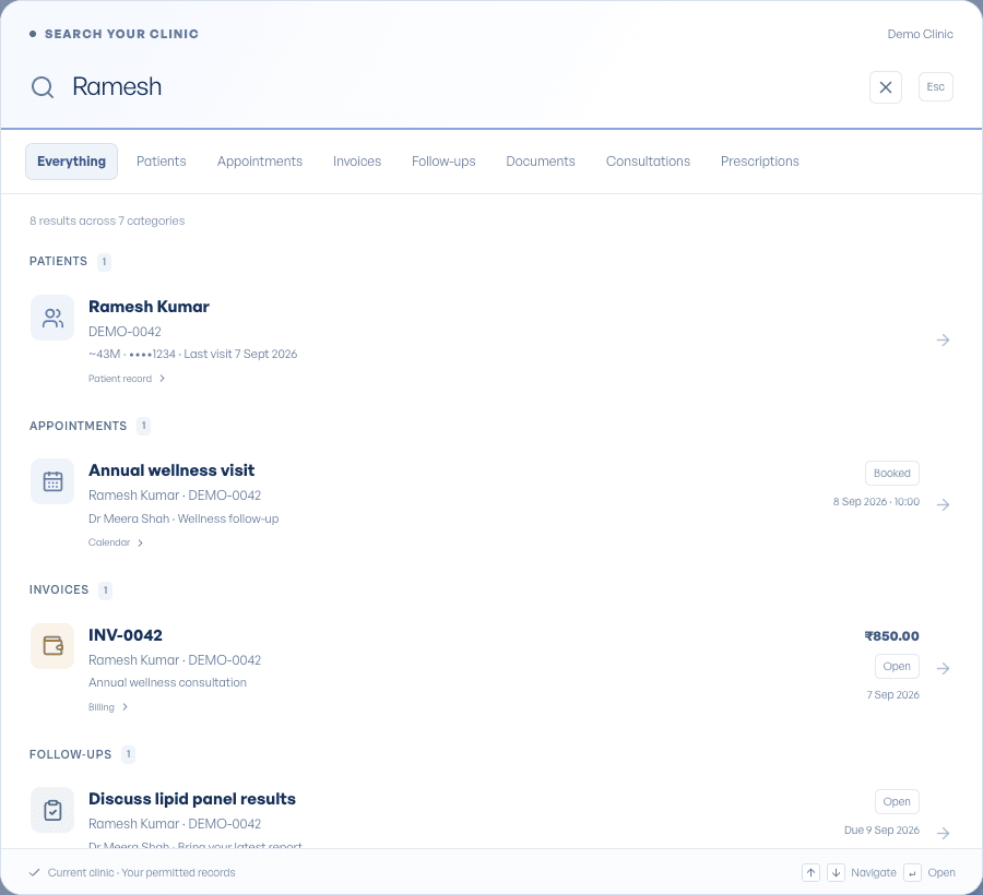 Global search with distinct patient, appointment, invoice and follow-up results from a fictional clinic