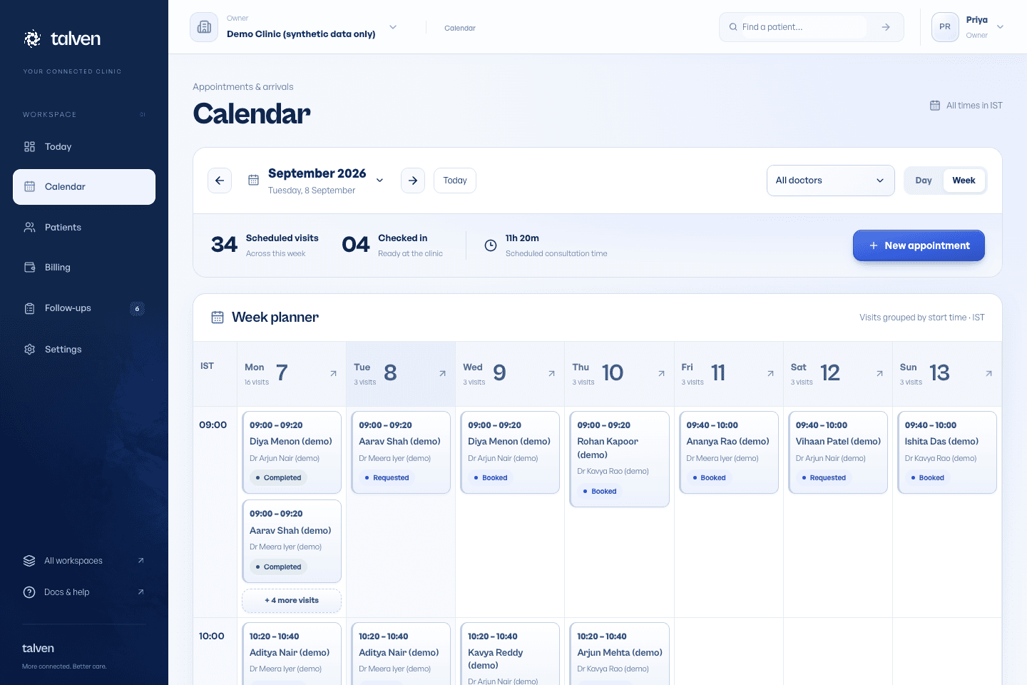 Talven calendar showing appointment times and a selected patient visit