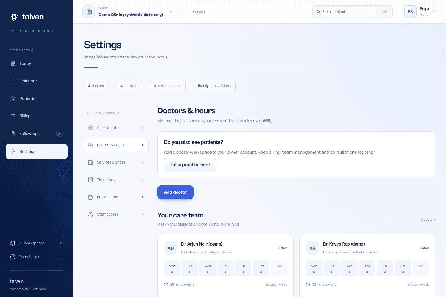 Doctor configuration in Talven used to maintain practitioner details