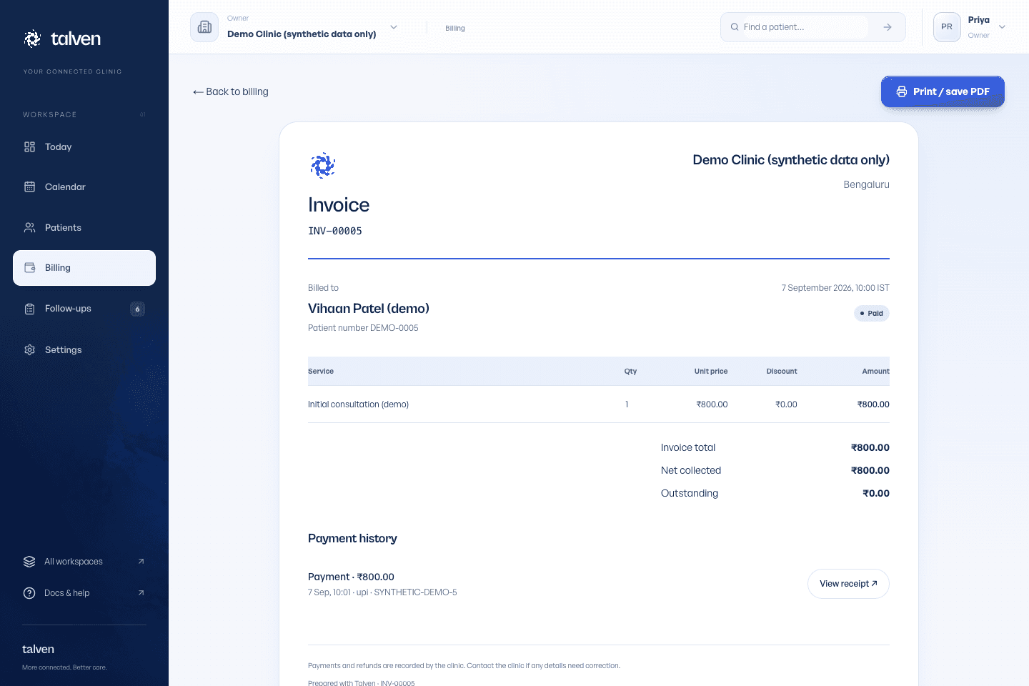 Talven invoice with patient details, line items, totals and payment history