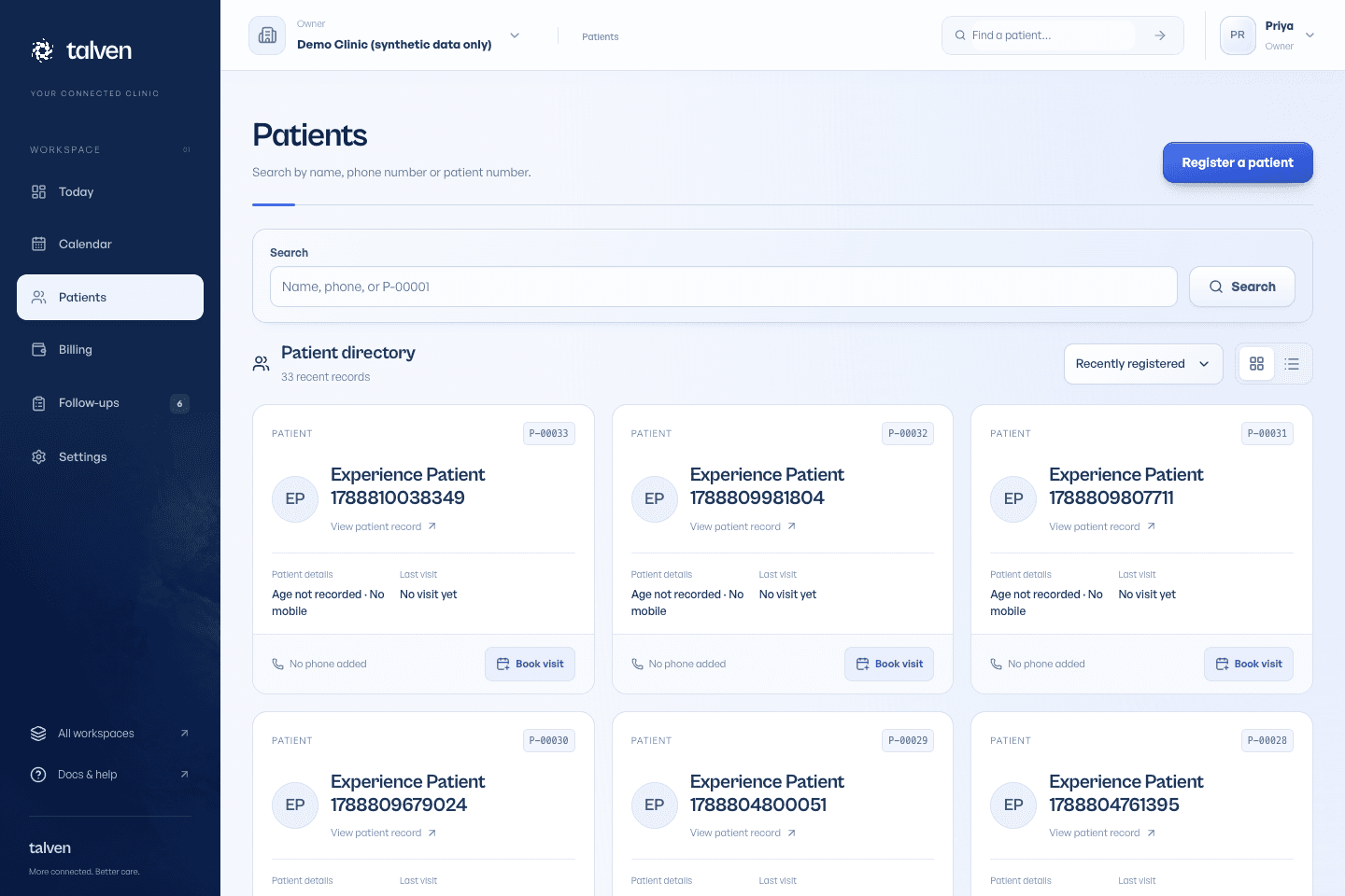 Patient directory in Talven with search and patient record details